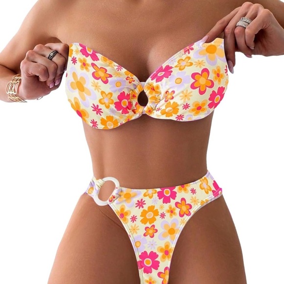 Women's 2 Piece Swimsuits O Ring High Waist Bandeau Bikini Set Bathing Suit - Picture 3 of 6